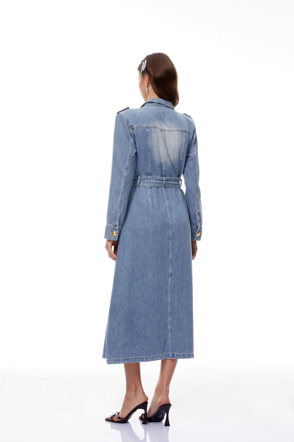 Aurohaya Tyra Blue Faded Denim Maxi Dress