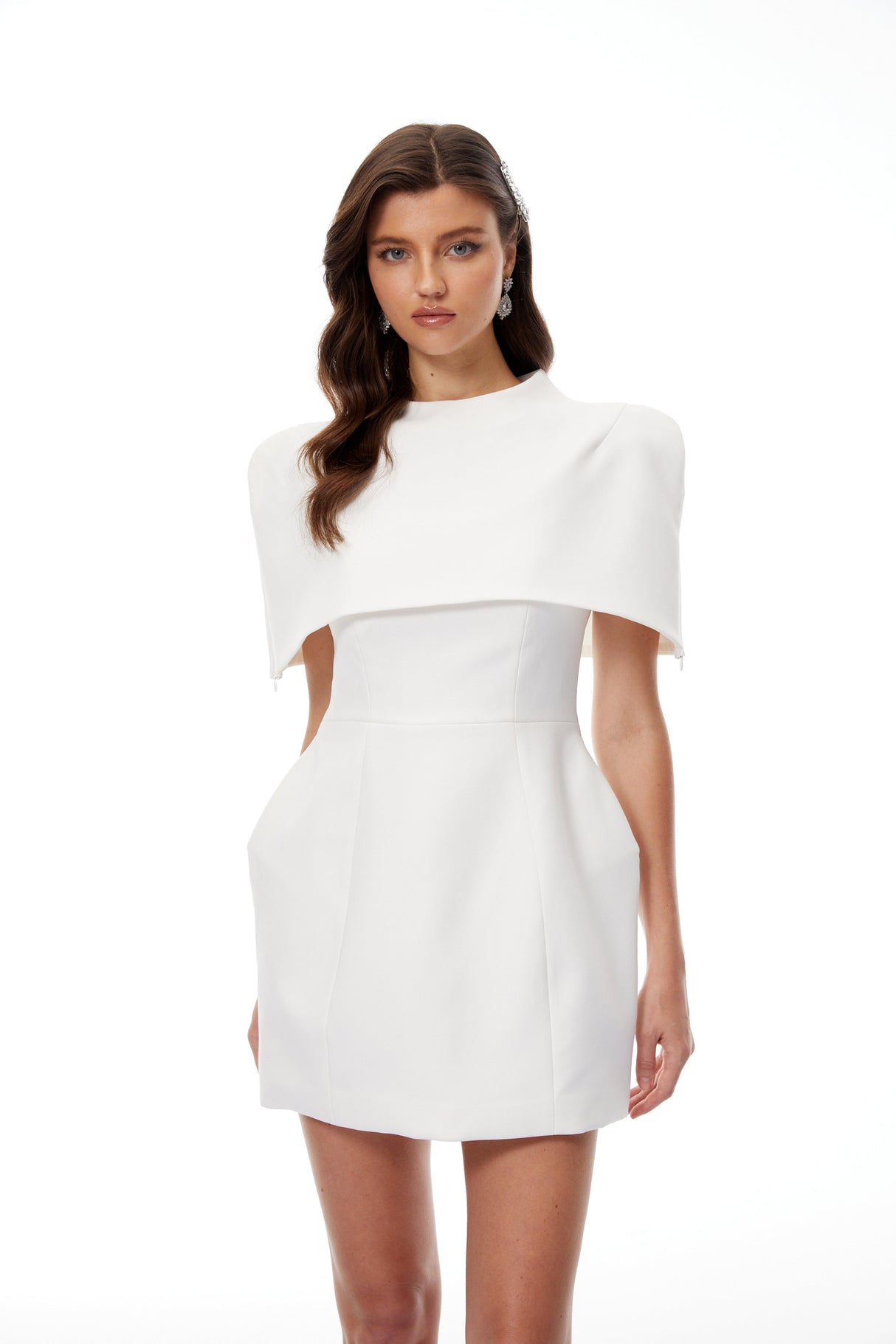 Aurohaya Kristveig White Cape Design Structured Mini Dress