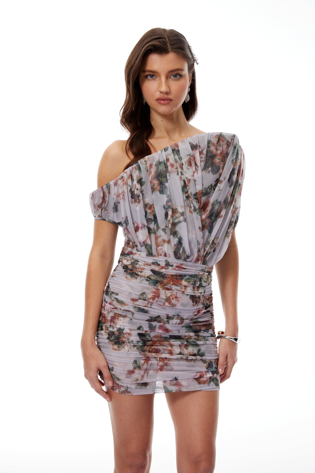 Aurohaya Felicia Grey Asymmetrical Floral Print Mini Dress