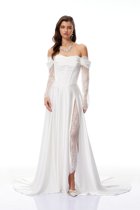 Aurohaya Víctor White Off-Shoulder Lace Panel Maxi Dress
