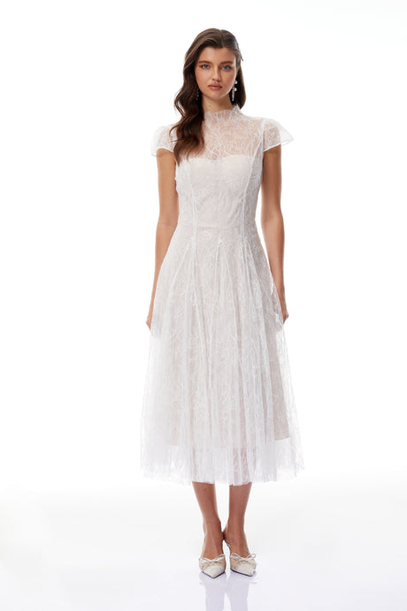 Aurohaya Velia White Lace Glitter Tulle Maxi Gown