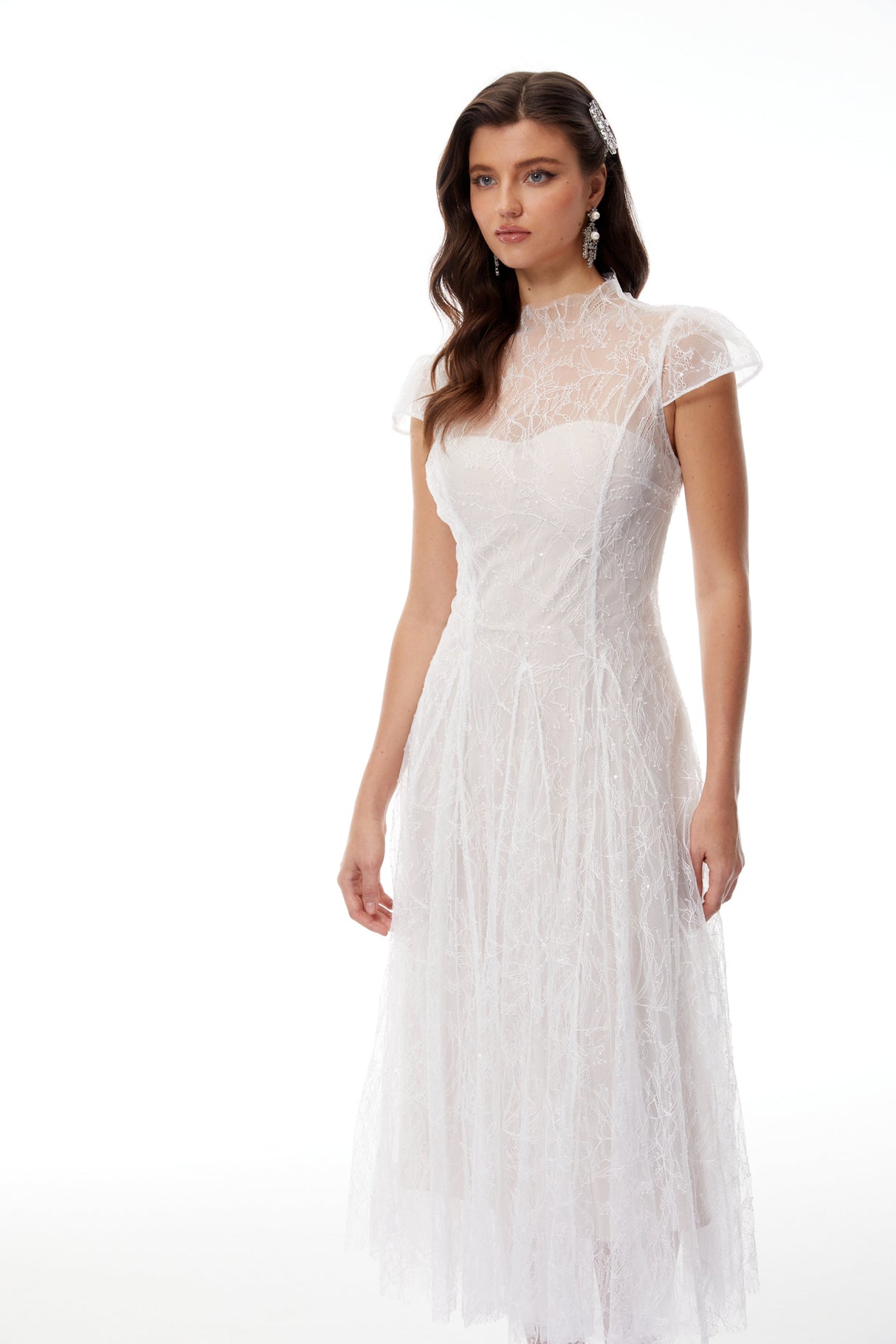 Aurohaya Velia White Lace Glitter Tulle Maxi Gown