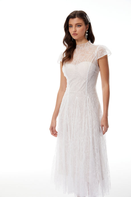 Aurohaya Velia White Lace Glitter Tulle Maxi Gown