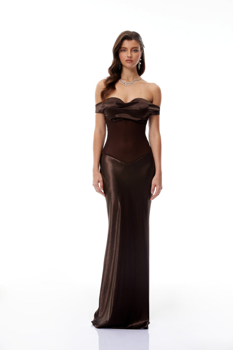 Aurohaya Gitta Brown Off Shoulder Satin Maxi Gown