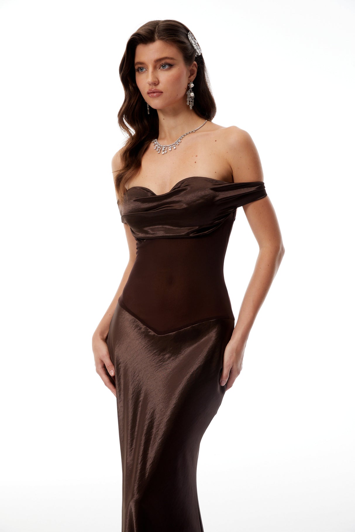 Aurohaya Gitta Brown Off Shoulder Satin Maxi Gown