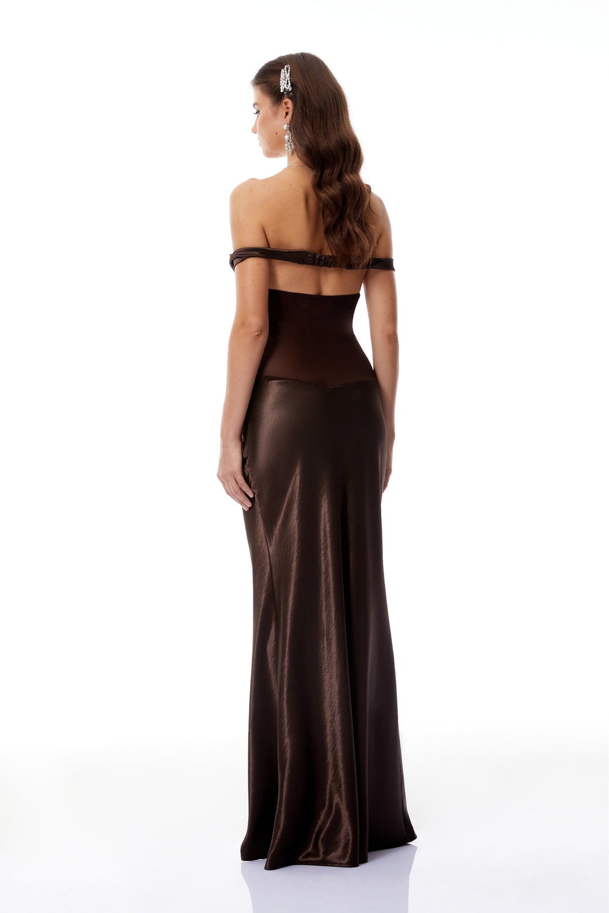 Aurohaya Gitta Brown Off Shoulder Satin Maxi Gown