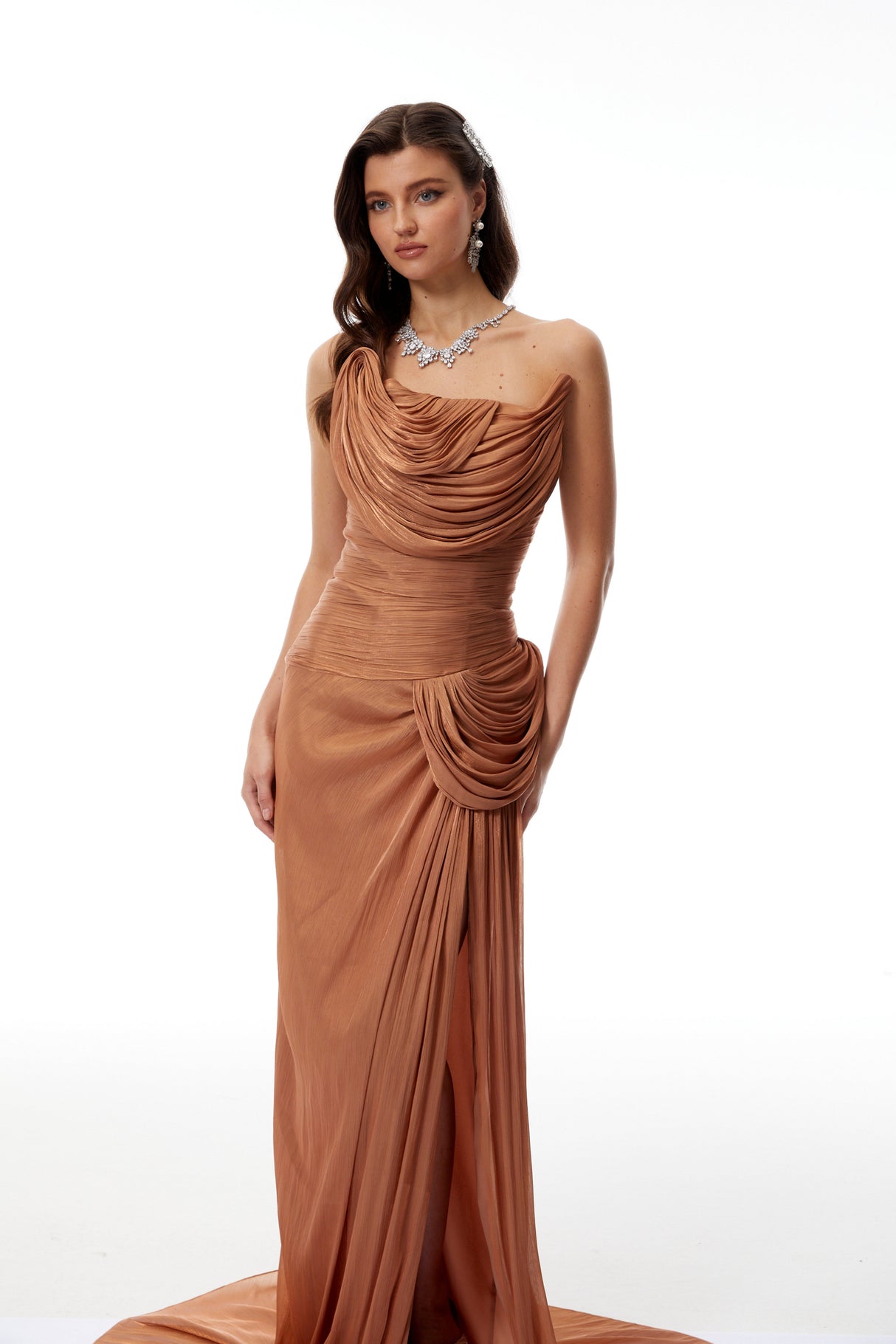 Aurohaya Gelsomina Gold Asymmetrical Glossy Gathered Maxi Dress