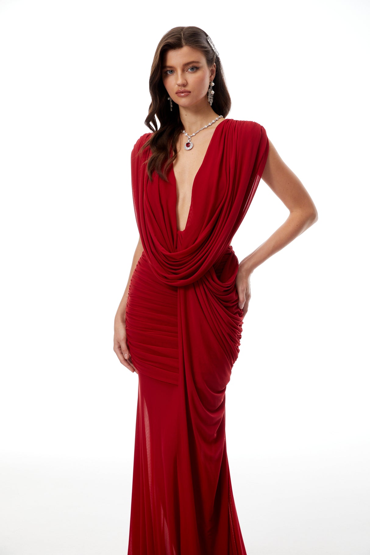 Aurohaya Fíona Red Asymmetrical Draped Maxi Gown