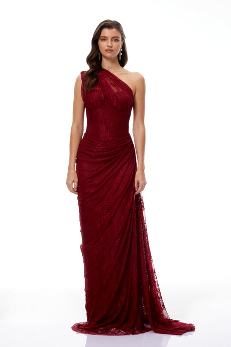 Aurohaya Stefania Ruby Red Floral Lace Maxi Gown