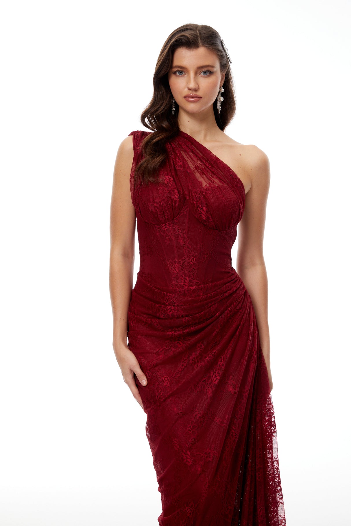 Aurohaya Stefania Ruby Red Floral Lace Maxi Gown