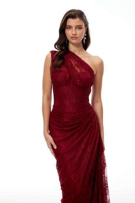 Aurohaya Stefania Ruby Red Floral Lace Maxi Gown