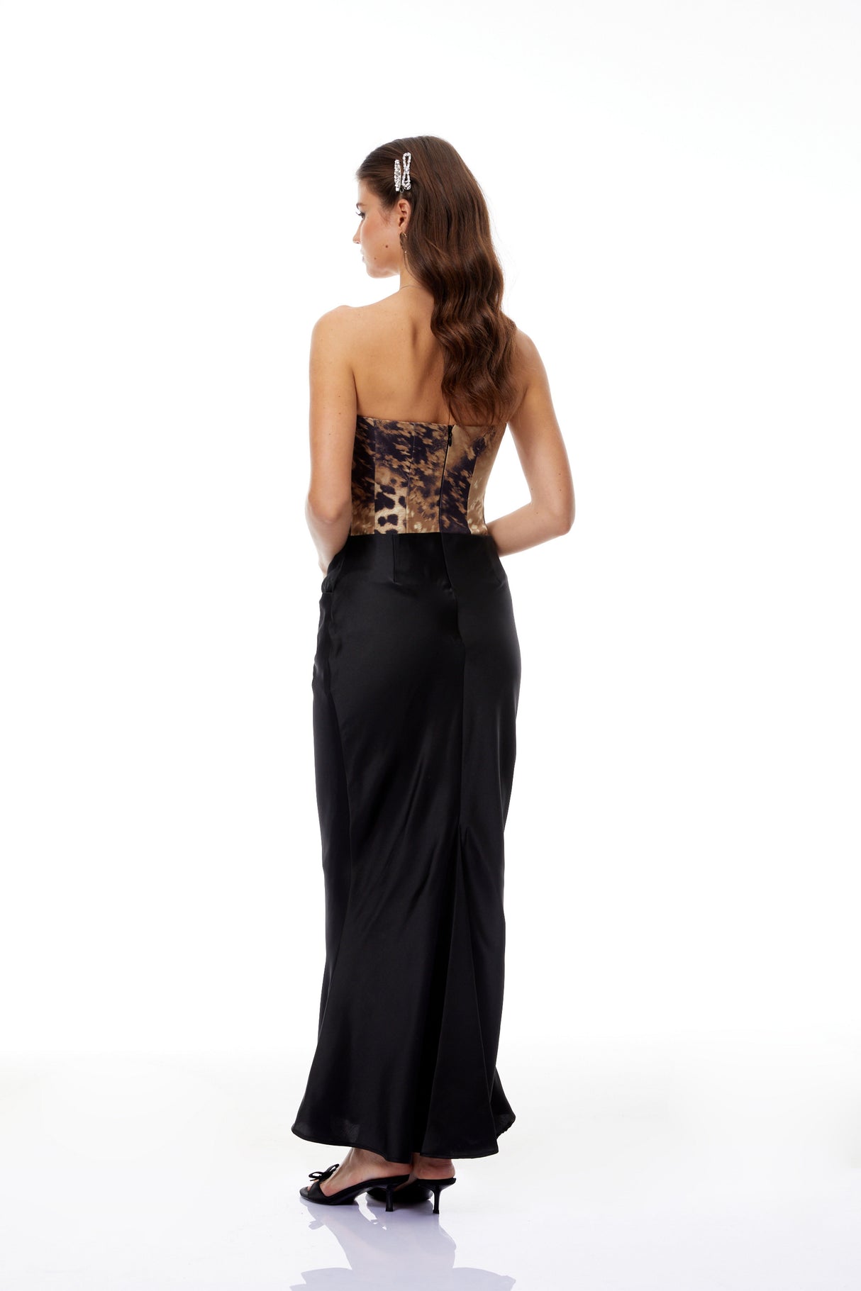 Aurohaya Amalia Black Leopard Corset Satin Maxi Dress