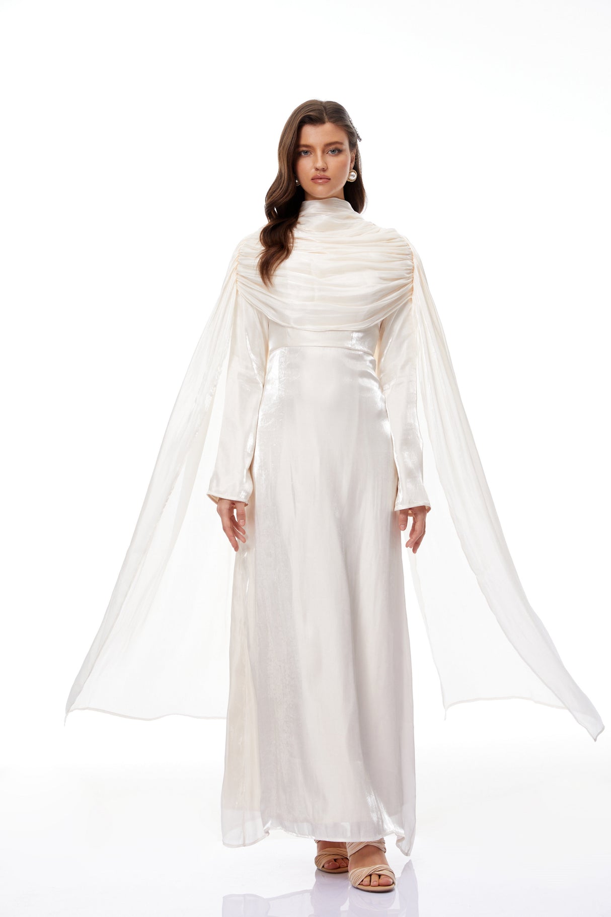 Aurohaya Hege Cream Glossy Ruched Cape Maxi Dress