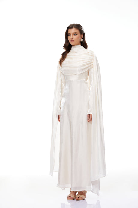 Aurohaya Hege Cream Glossy Ruched Cape Maxi Dress