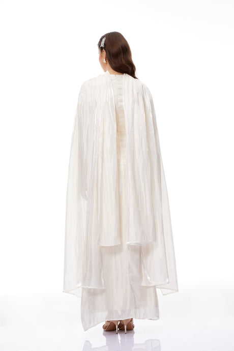 Aurohaya Hege Cream Glossy Ruched Cape Maxi Dress