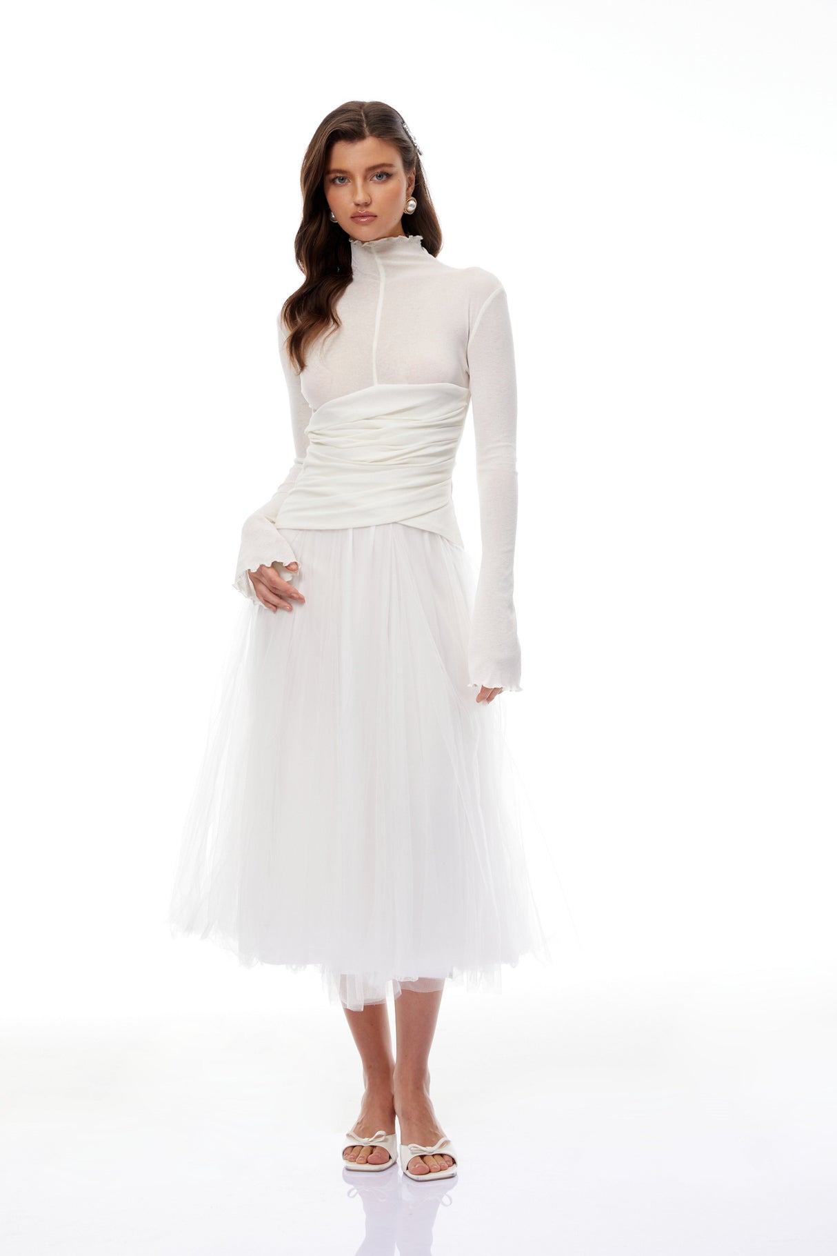 Aurohaya Lark White Tulle Panel Knit Midi Dress