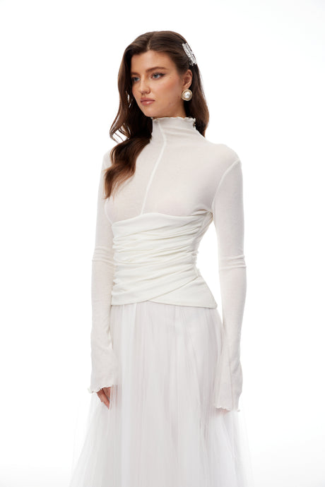 Aurohaya Lark White Tulle Panel Knit Midi Dress