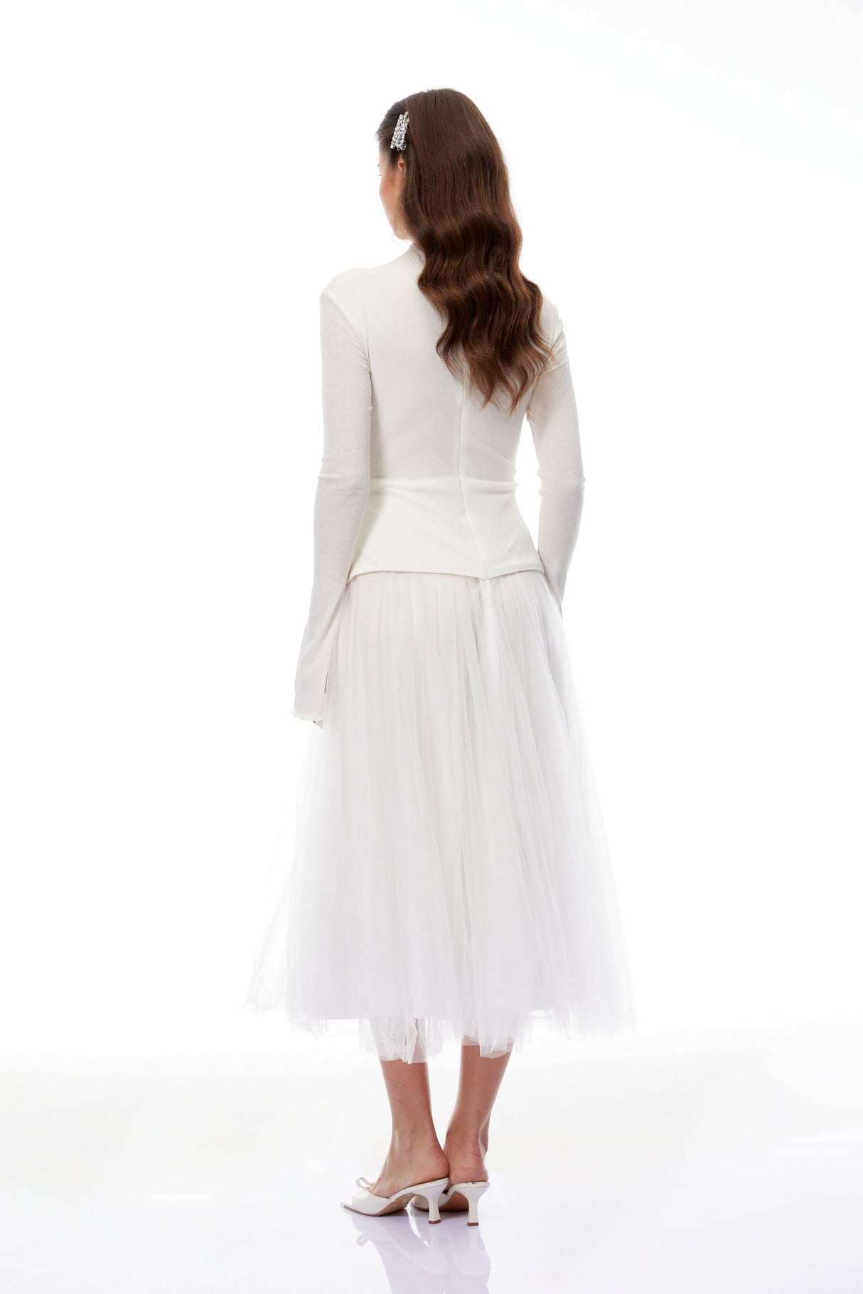 Aurohaya Lark White Tulle Panel Knit Midi Dress