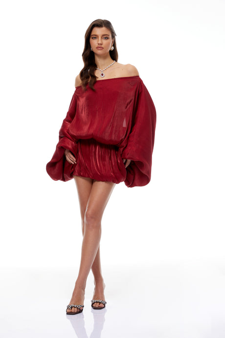 Aurohaya Patrizia Red Off Shoulder Glossy Mini Dress