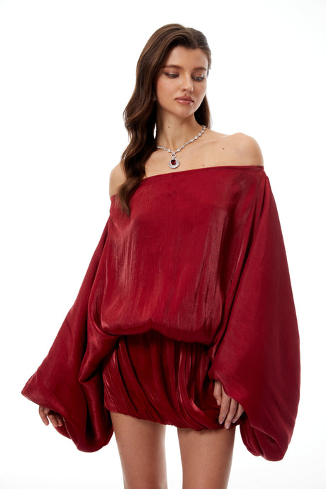 Aurohaya Patrizia Red Off Shoulder Glossy Mini Dress