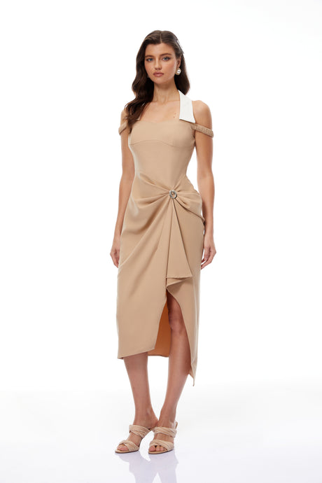 Aurohaya Kaelin Khaki Halterneck Asymmetrical Gathered Midi Dress