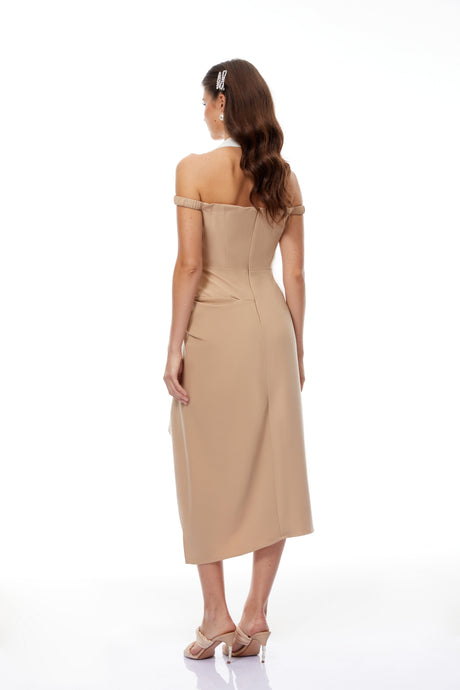 Aurohaya Kaelin Khaki Halterneck Asymmetrical Gathered Midi Dress