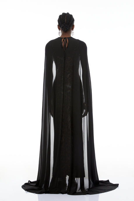 Aurohaya Lorenzo Black Cape & Leopard Print Maxi Dress Set