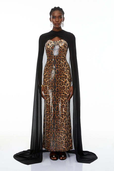 Aurohaya Lorenzo Black Cape & Leopard Print Maxi Dress Set