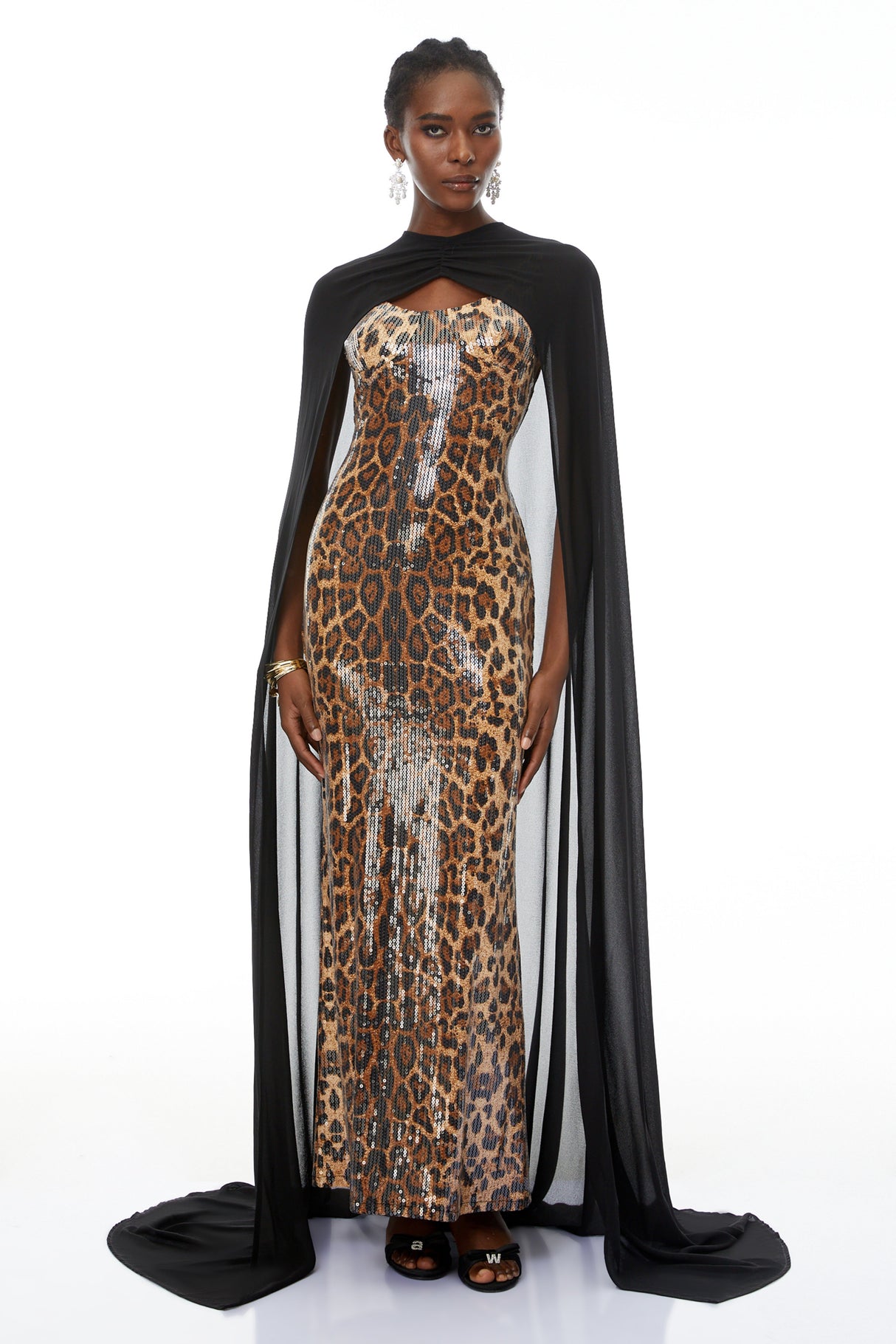 Aurohaya Lorenzo Black Cape & Leopard Print Maxi Dress Set