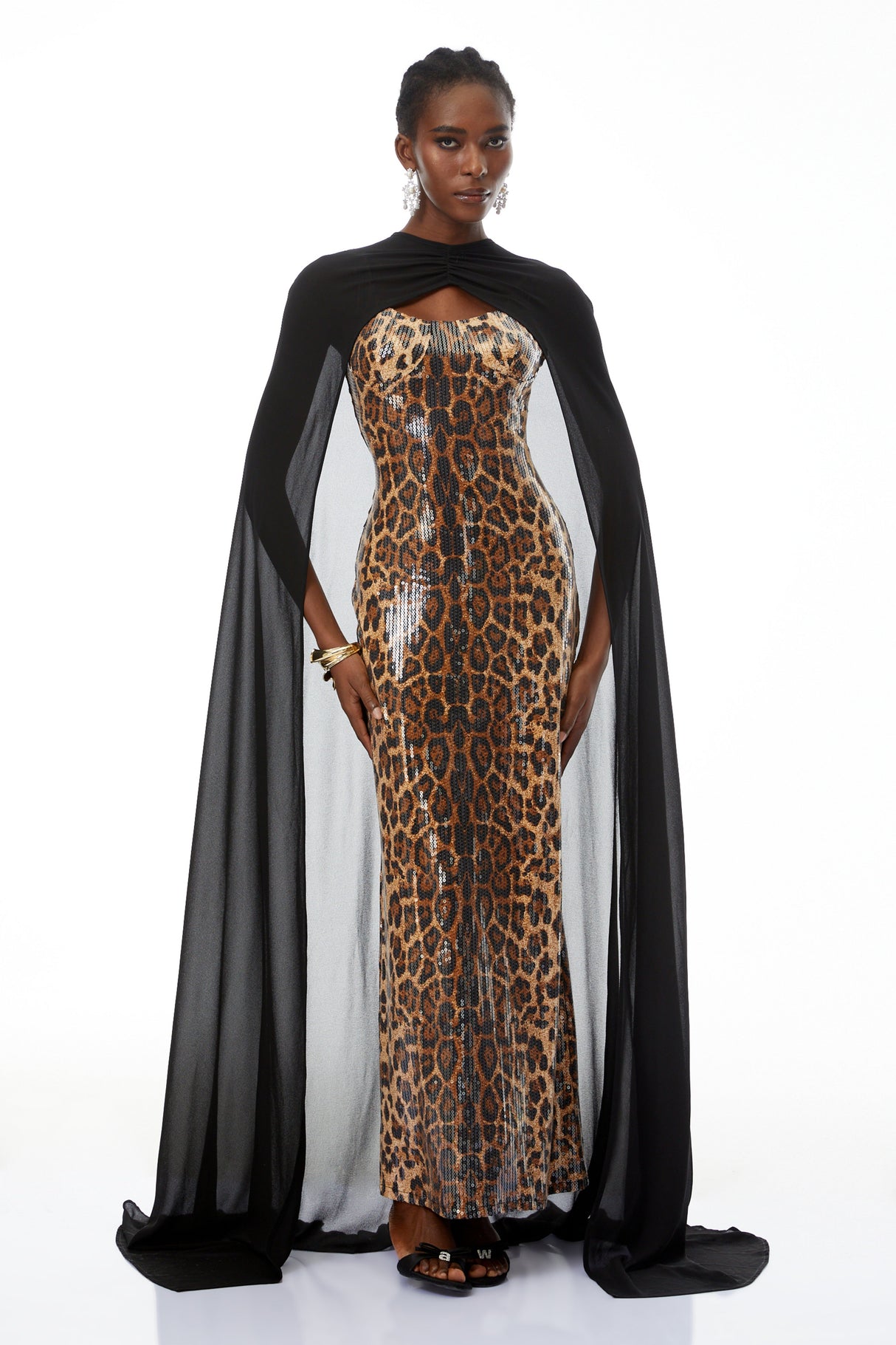 Aurohaya Lorenzo Black Cape & Leopard Print Maxi Dress Set