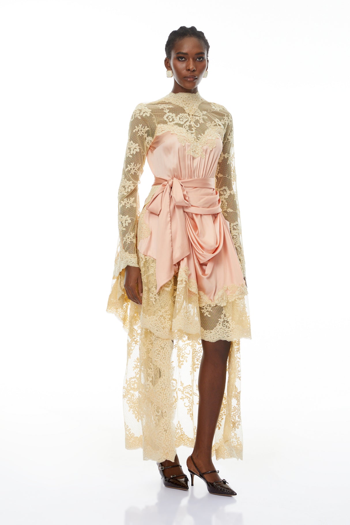 Aurohaya Francesca Pink Self-tie Lace Midi Dress