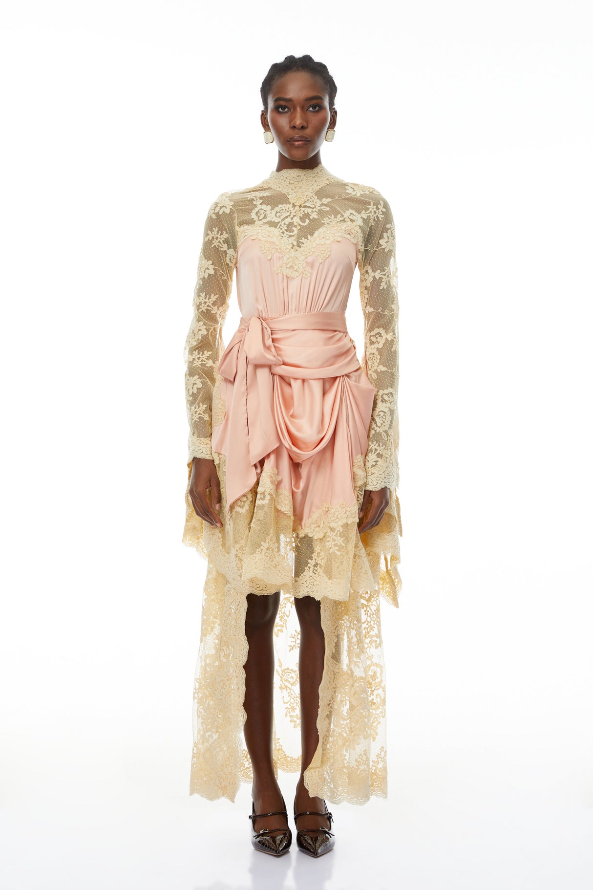 Aurohaya Francesca Pink Self-tie Lace Midi Dress