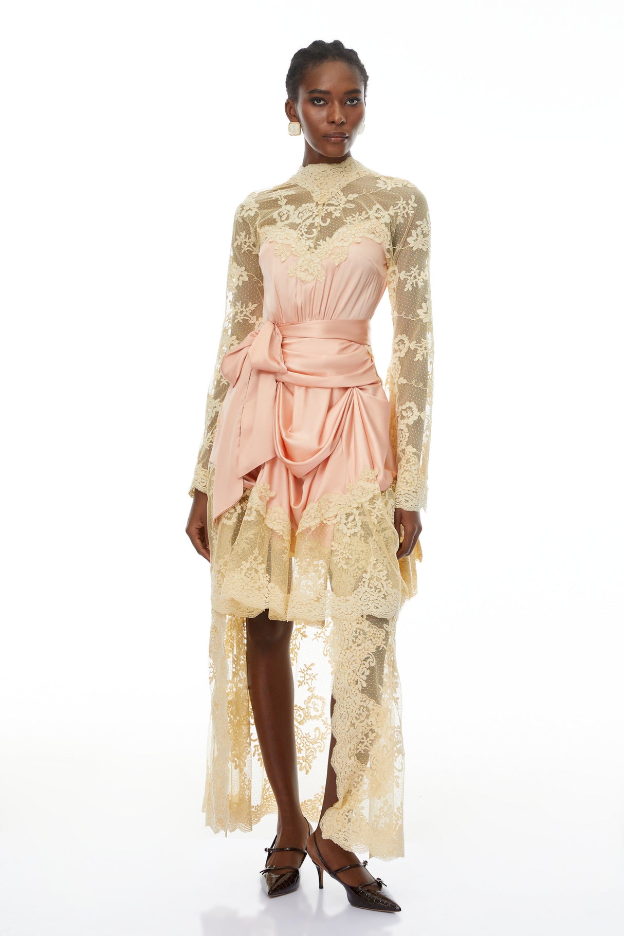 Aurohaya Francesca Pink Self-tie Lace Midi Dress