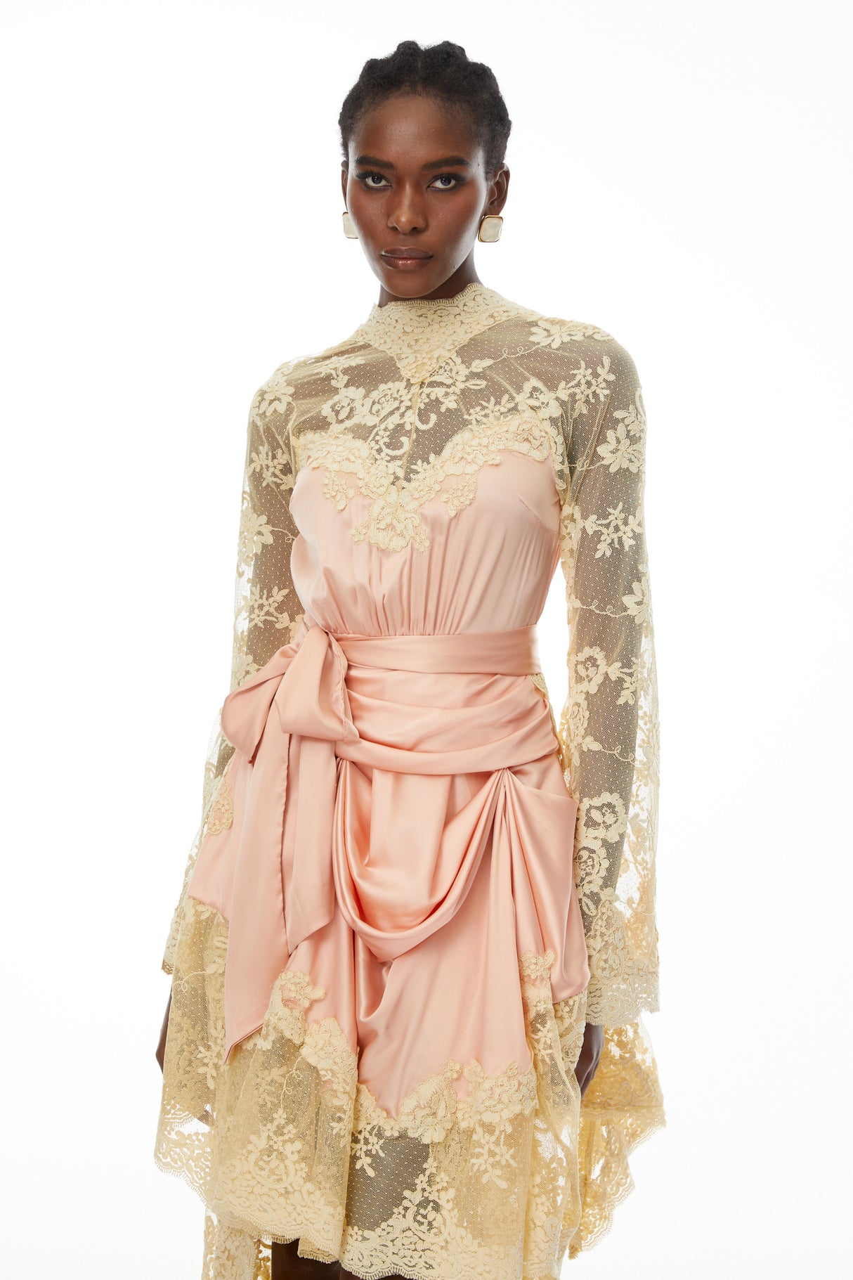 Aurohaya Francesca Pink Self-tie Lace Midi Dress