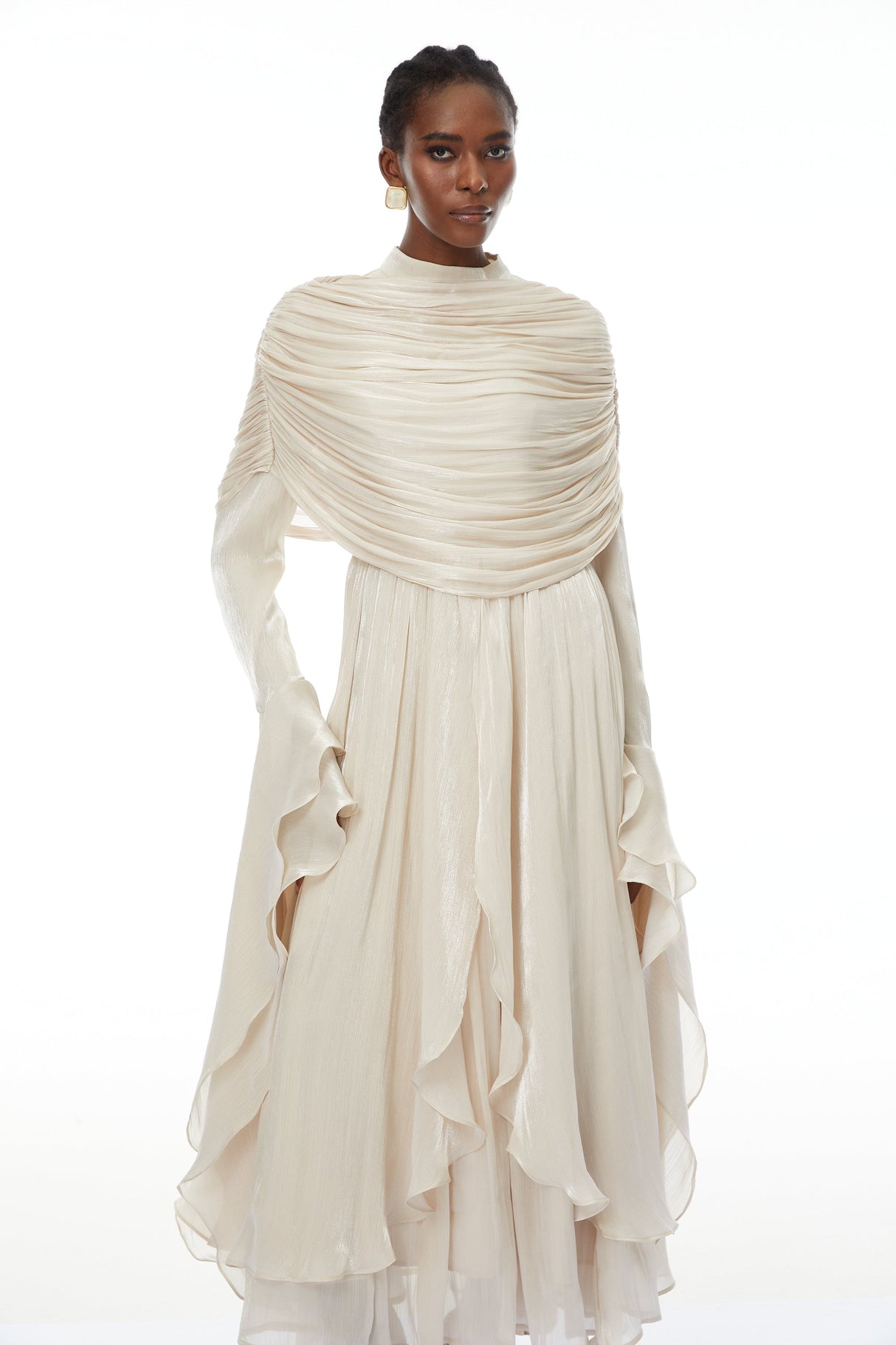 Aurohaya Gustave Neutral Ruched Cape Ruffled Maxi Dress