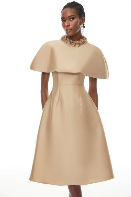 Aurohaya Hilda Khaki Cape Design Satin Midi Dress
