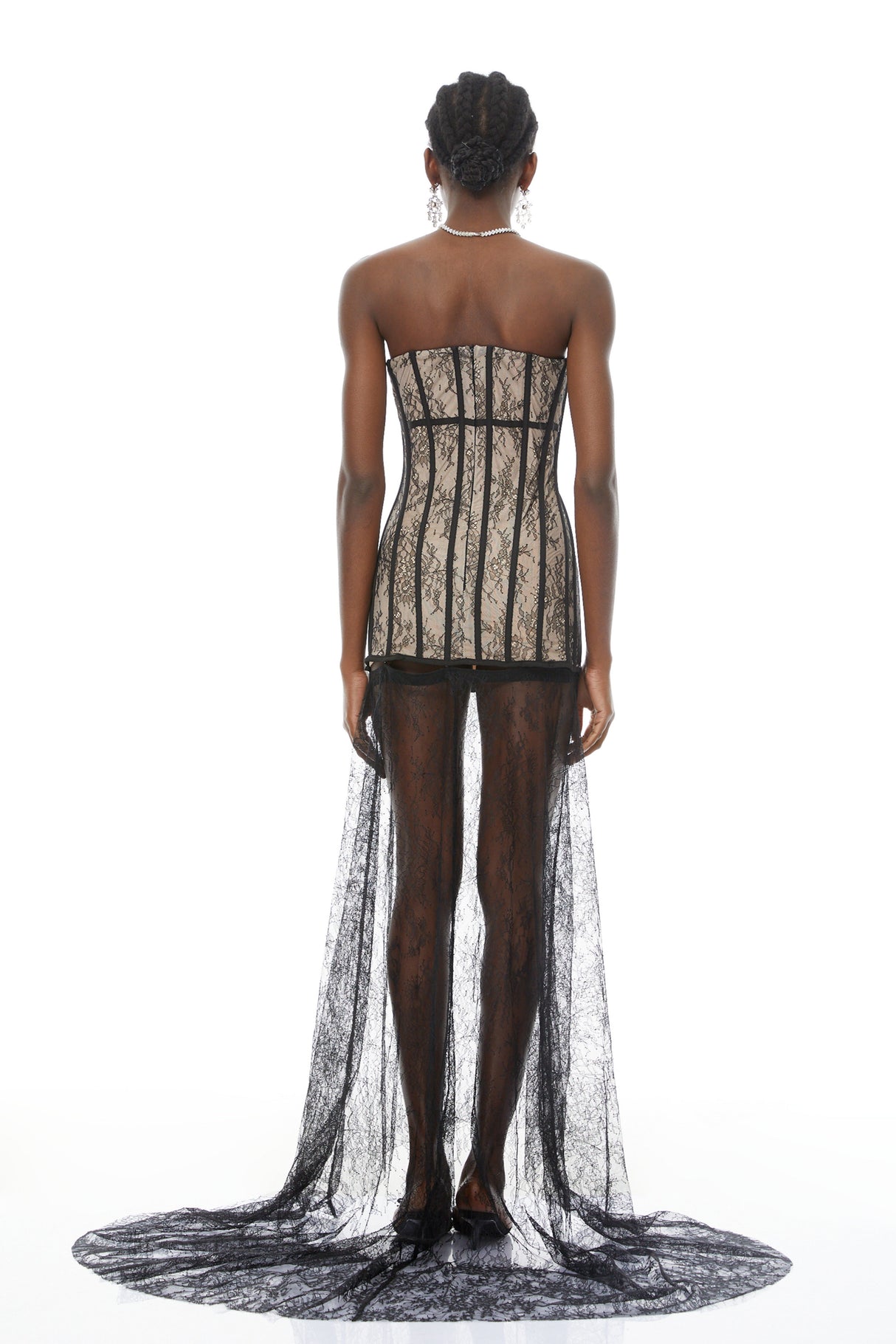 Aurohaya Astrid Black Floral Lace Corset Maxi Dress