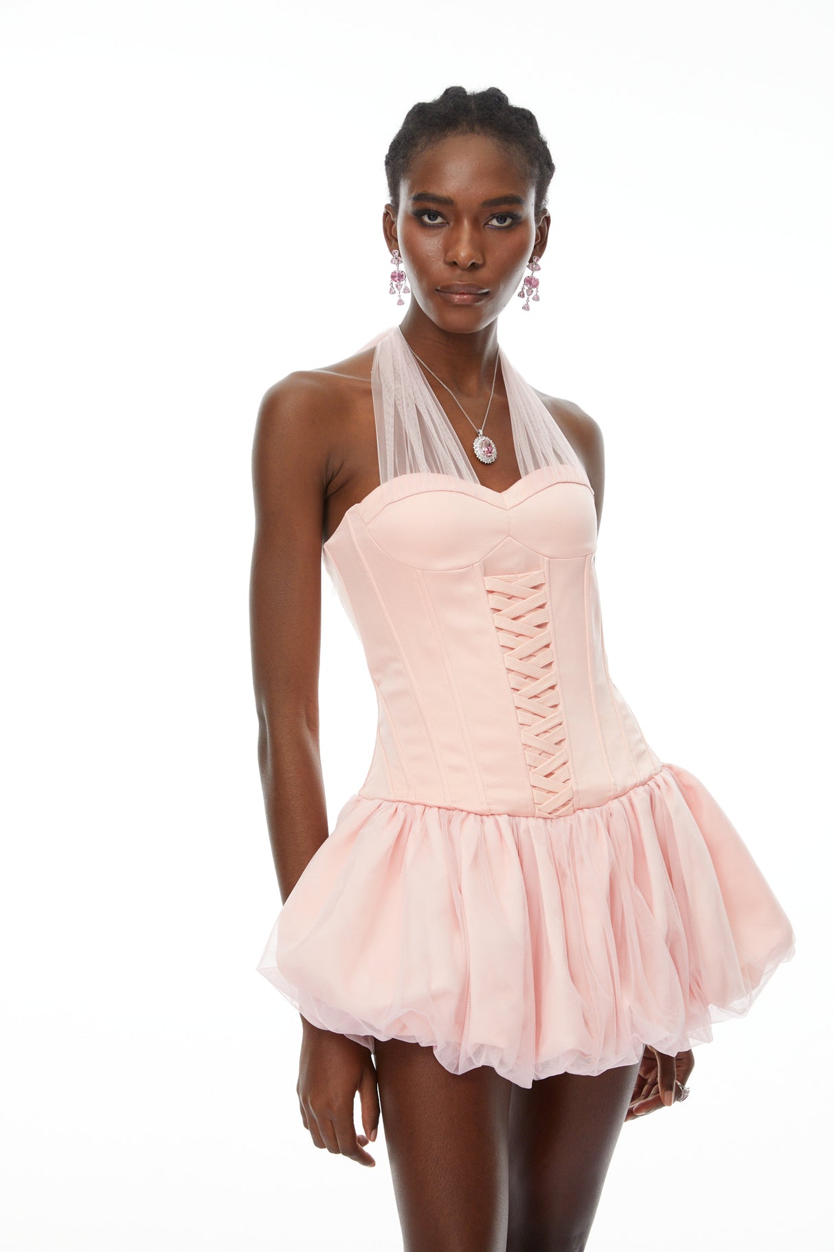 Aurohaya Constance Pink Halterneck Oraganza Panel Satin Mini Dress