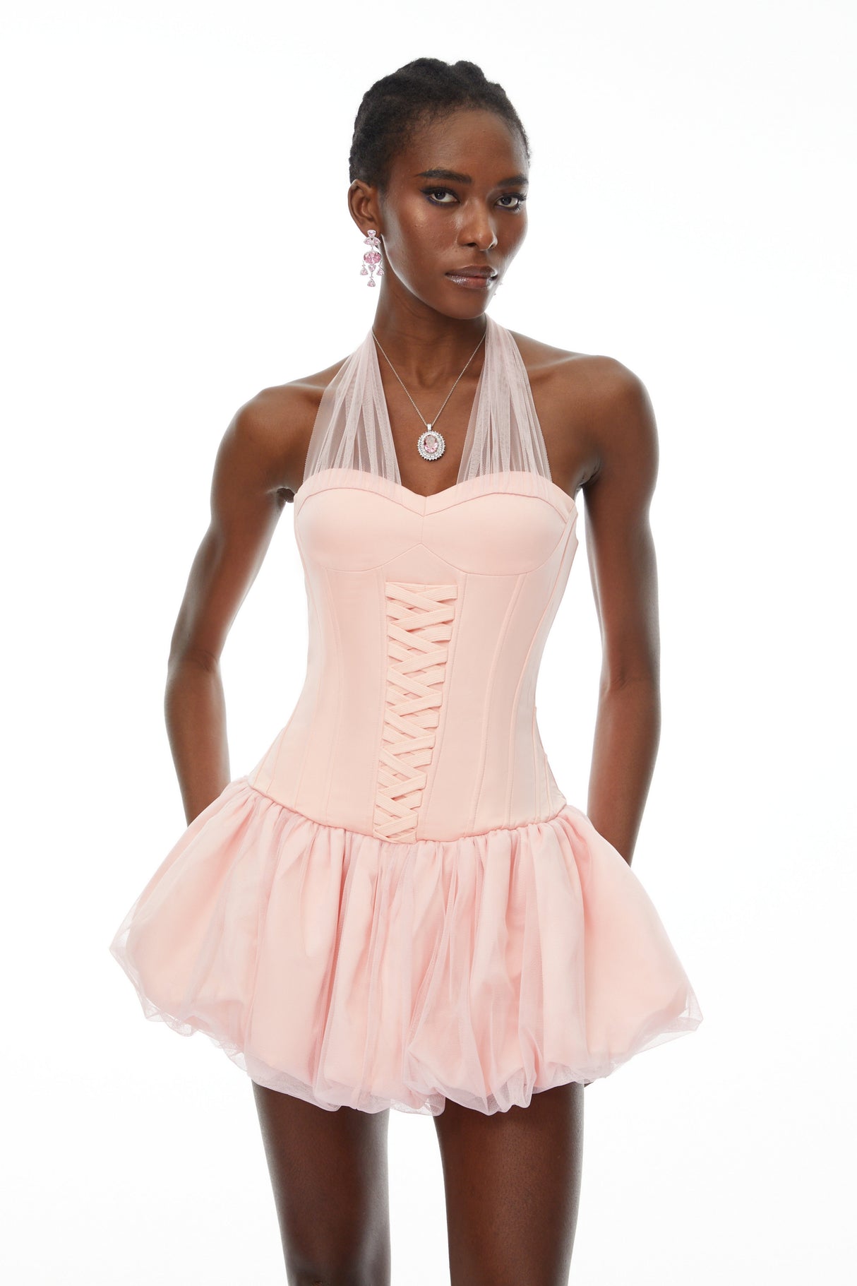 Aurohaya Constance Pink Halterneck Oraganza Panel Satin Mini Dress