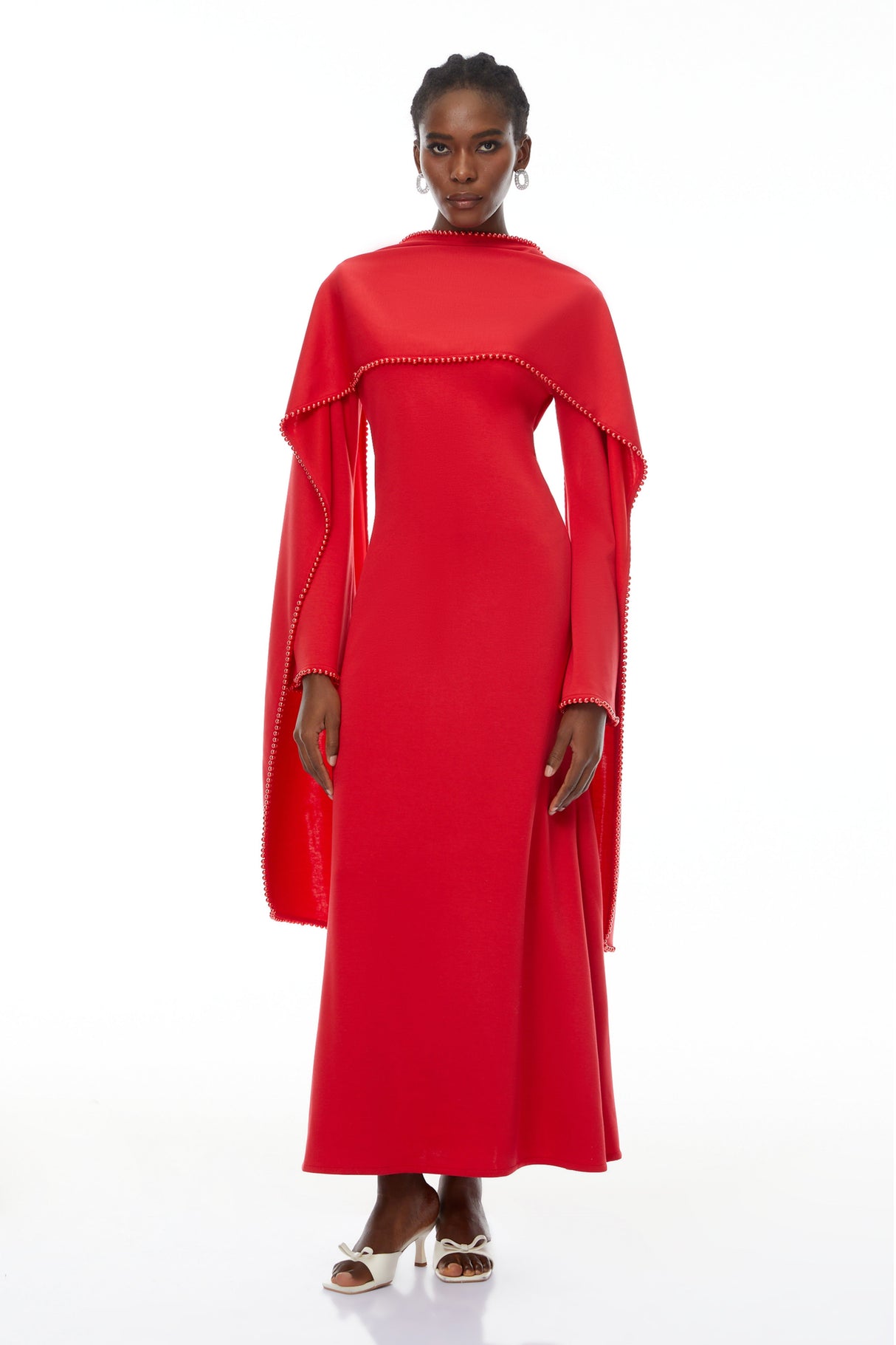 Aurohaya Piroska Red Pearl Trim Shawl Detail Maxi Dress
