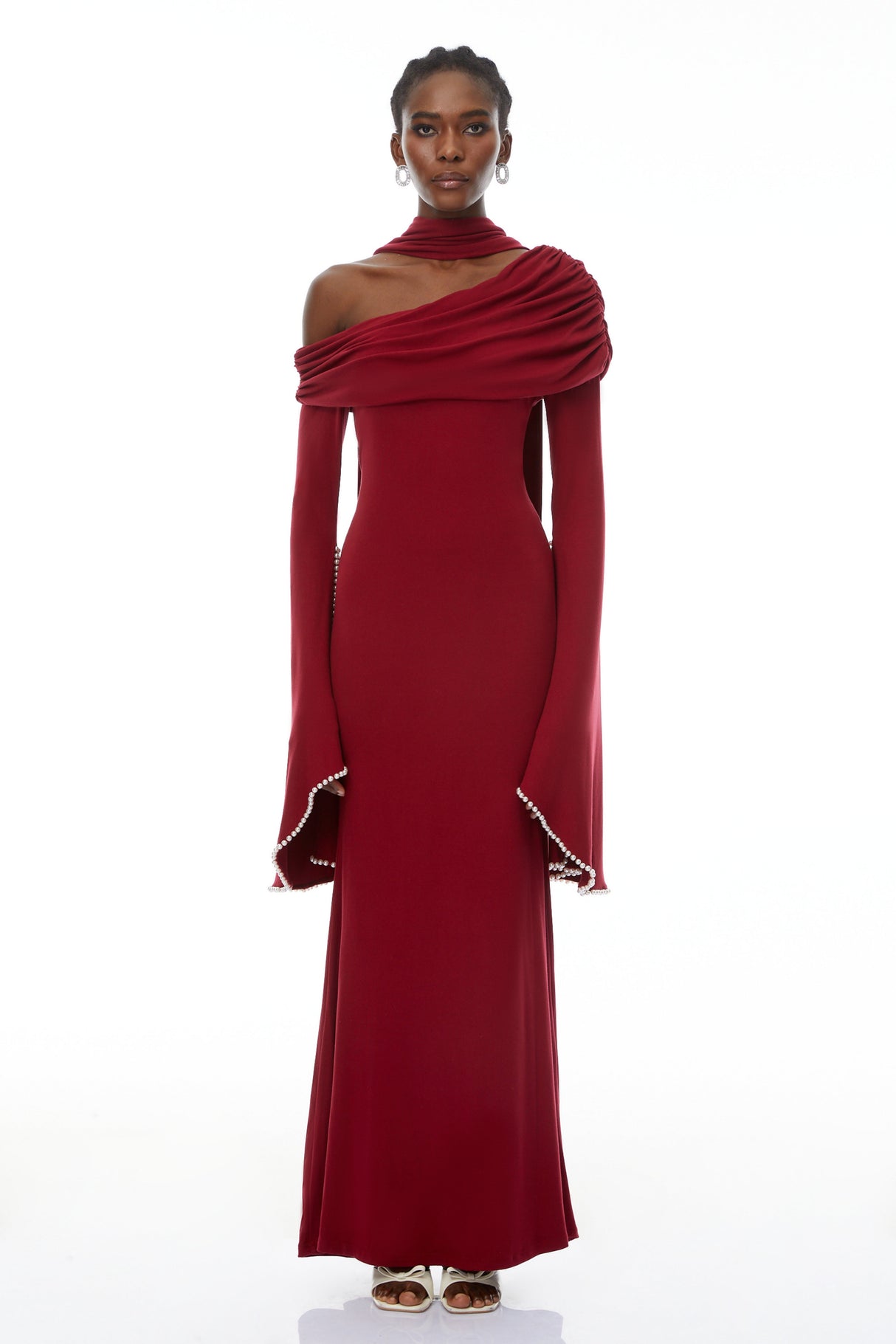 Aurohaya Simona Burgundy One Shoulder Pearl Trim Maxi Gown
