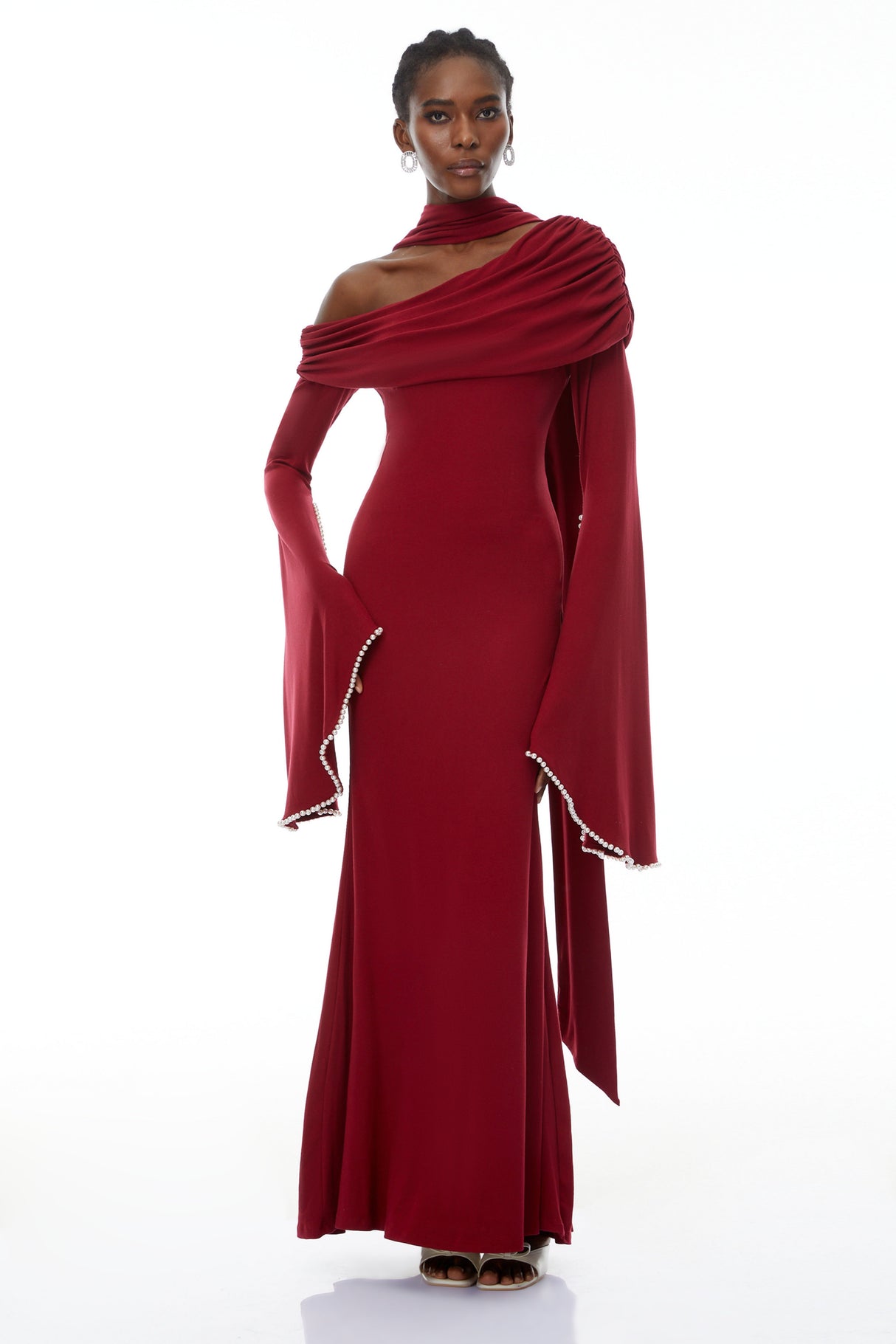 Aurohaya Simona Burgundy One Shoulder Pearl Trim Maxi Gown