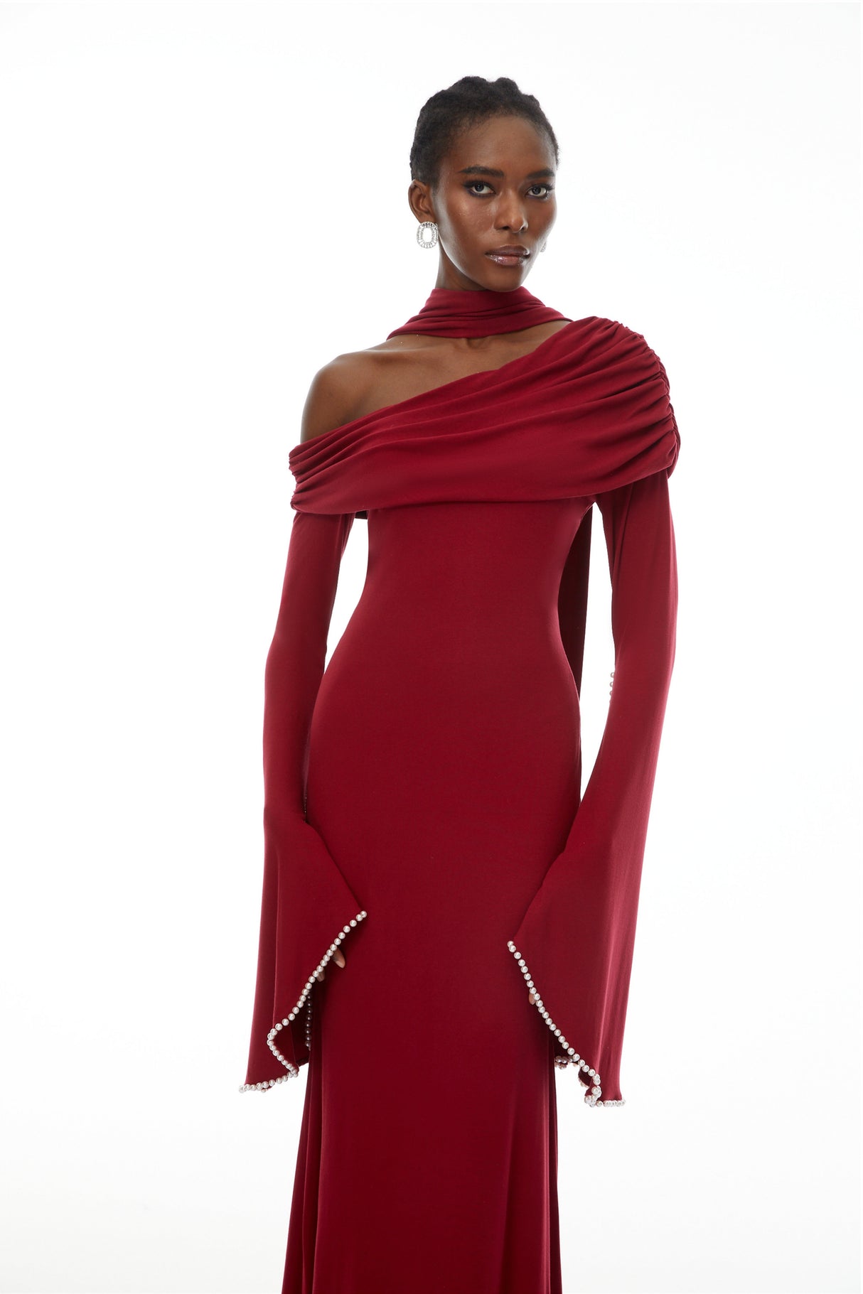 Aurohaya Simona Burgundy One Shoulder Pearl Trim Maxi Gown