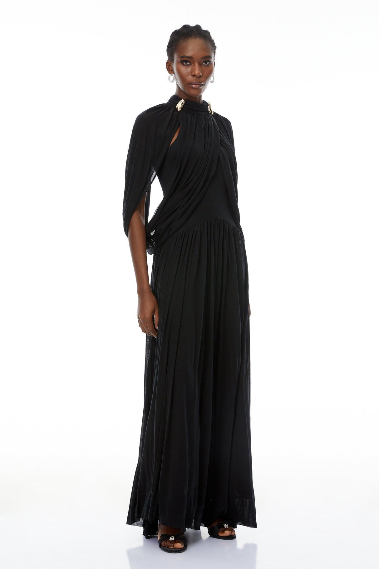 Aurohaya Bergljot Black Cape Design Mesh Maxi Dress