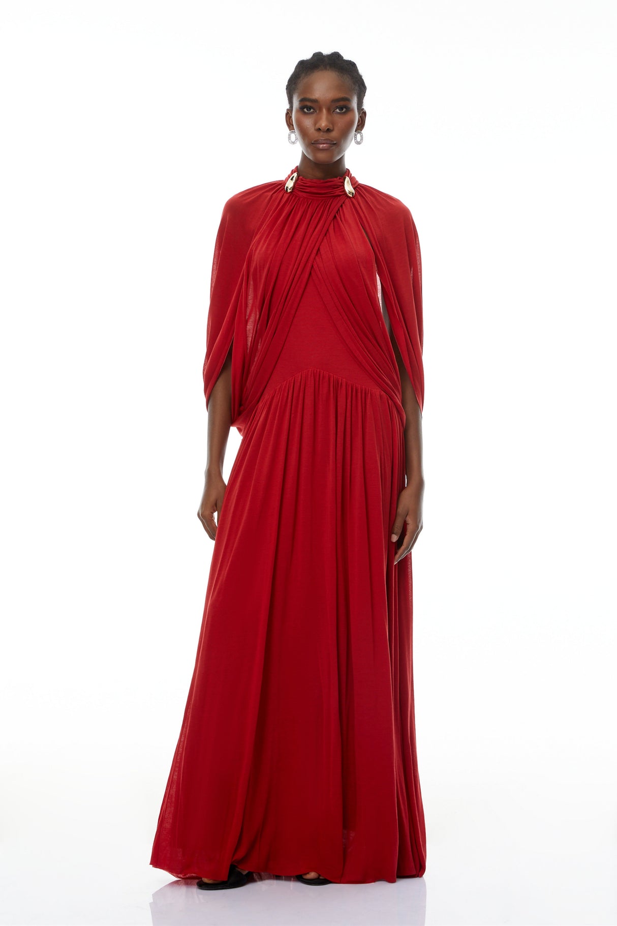 Aurohaya Bergljot Red Cape Design Mesh Maxi Dress