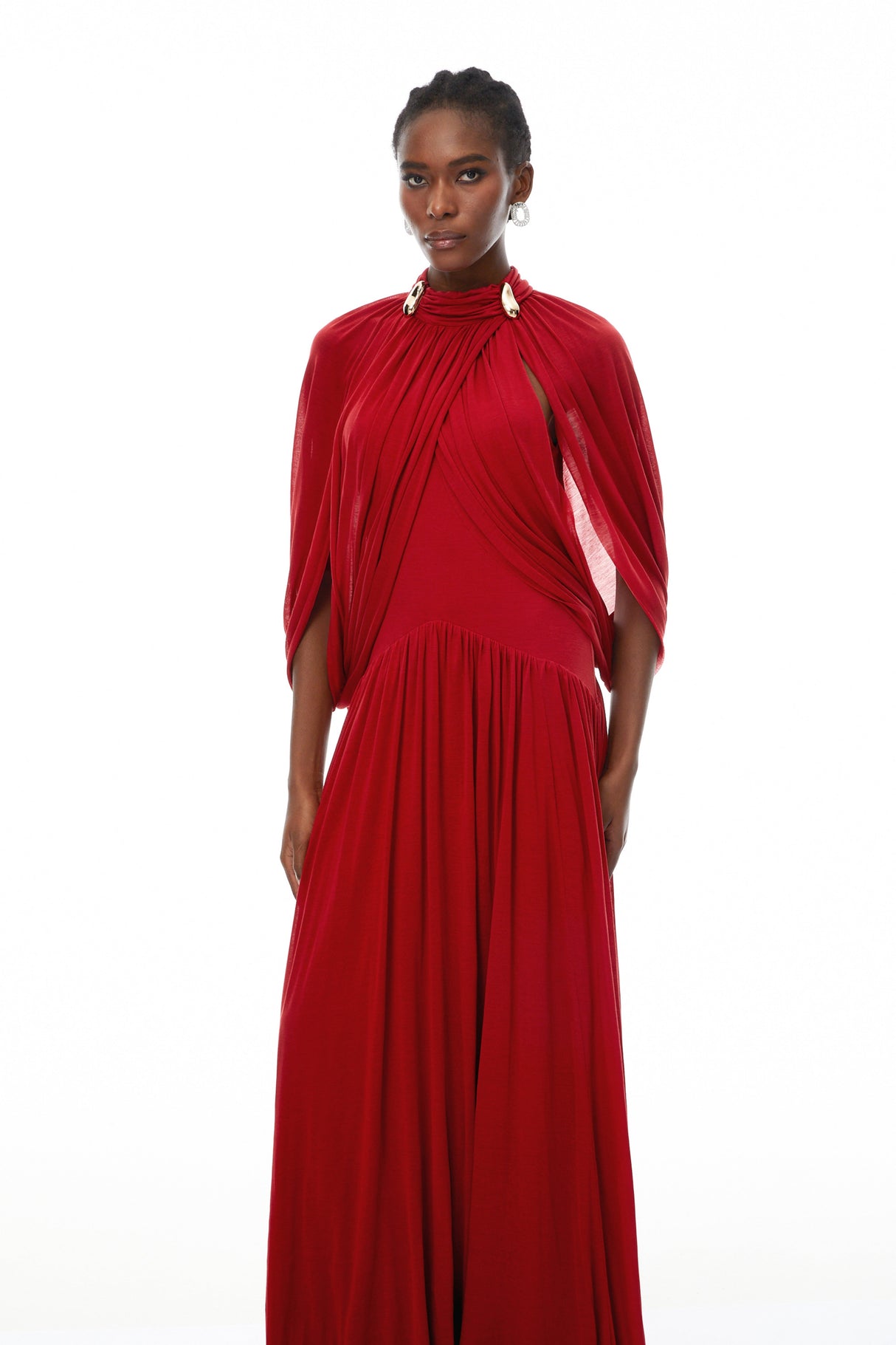 Aurohaya Bergljot Red Cape Design Mesh Maxi Dress