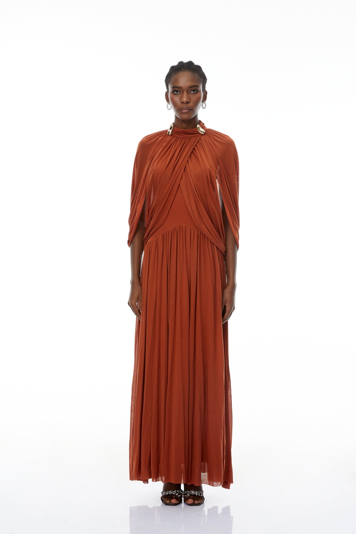 Aurohaya Bergljot Orange Cape Design Mesh Maxi Dress