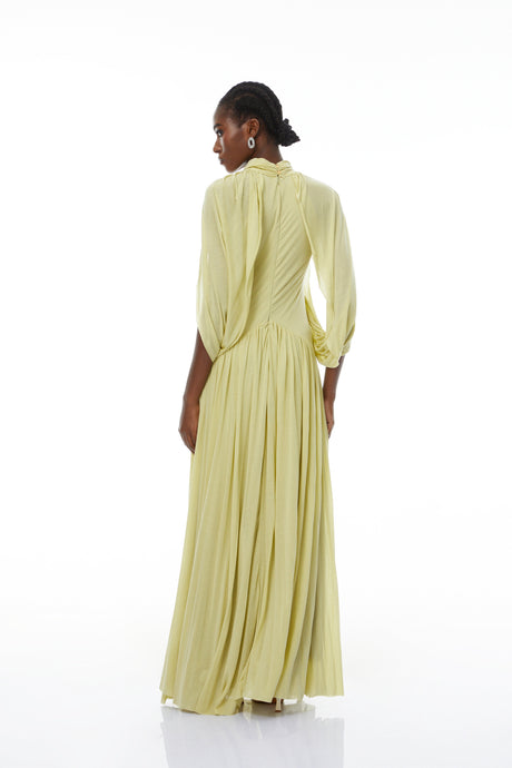 Aurohaya Bergljot Green Cape Design Mesh Maxi Dress