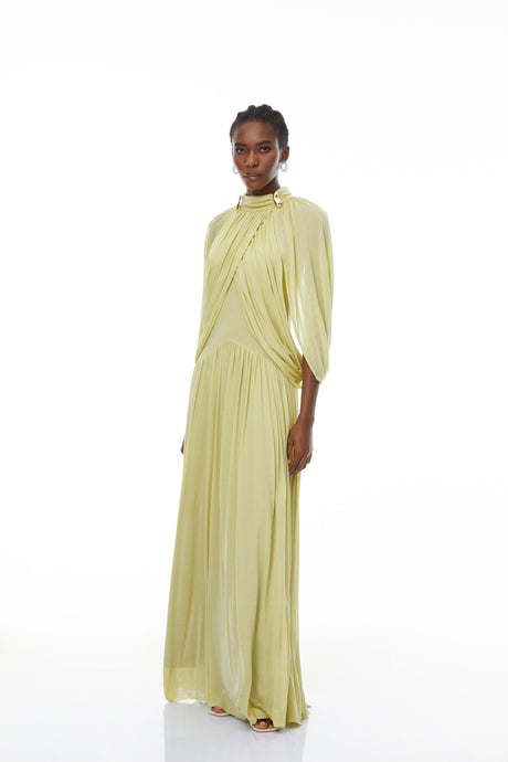 Aurohaya Bergljot Green Cape Design Mesh Maxi Dress