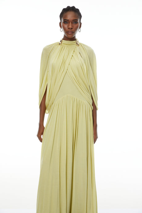 Aurohaya Bergljot Green Cape Design Mesh Maxi Dress